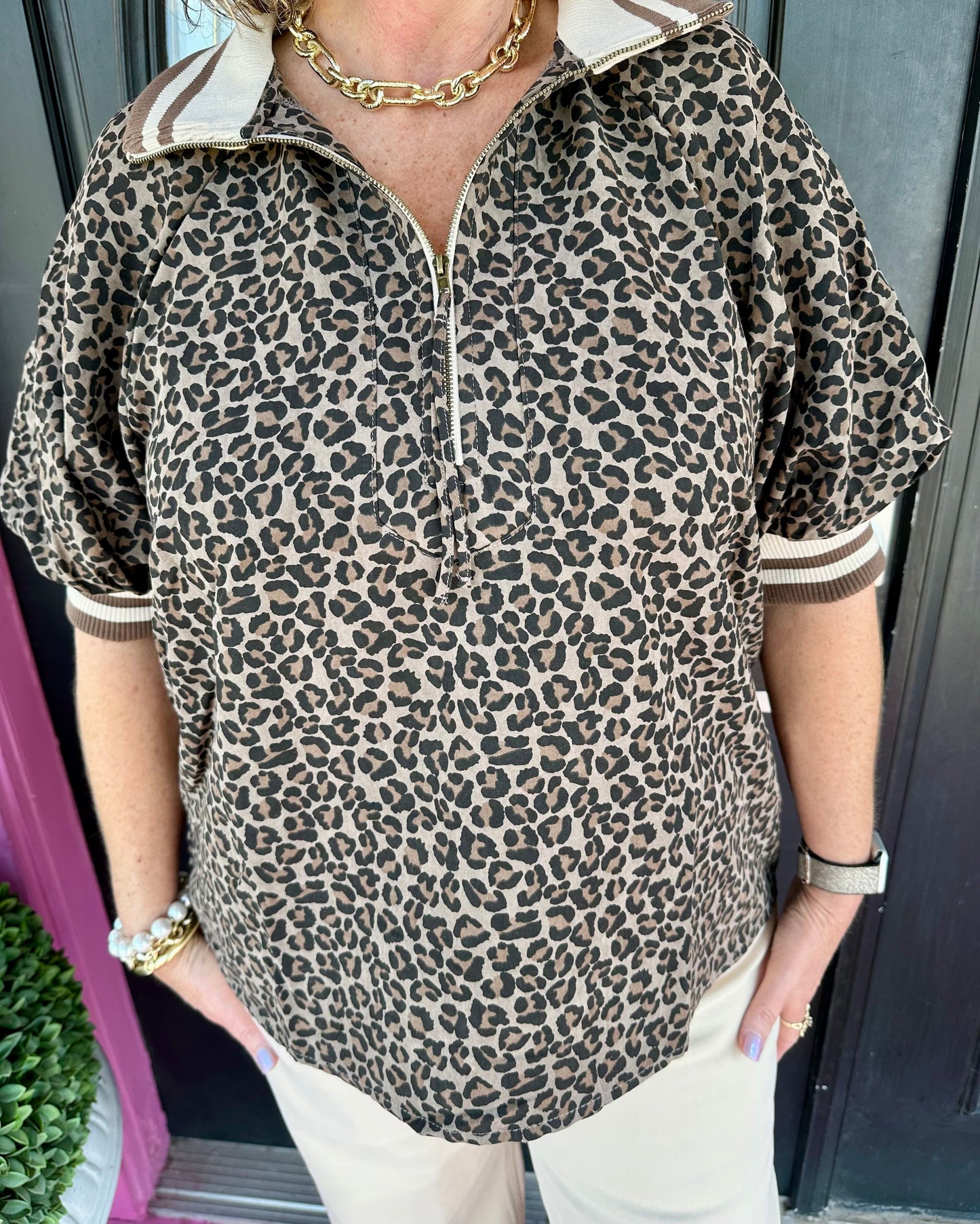 Mocha Leopard Zip SS Top