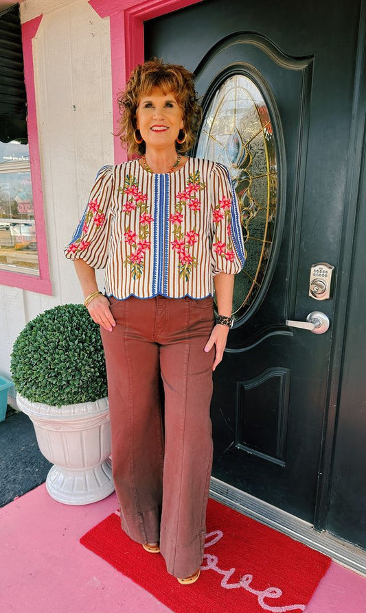 Brown Striped Embroidery Top