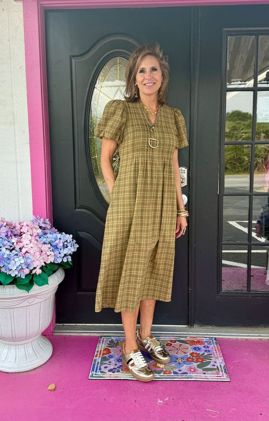 Olive Plaid V-Neck Maxi Dress