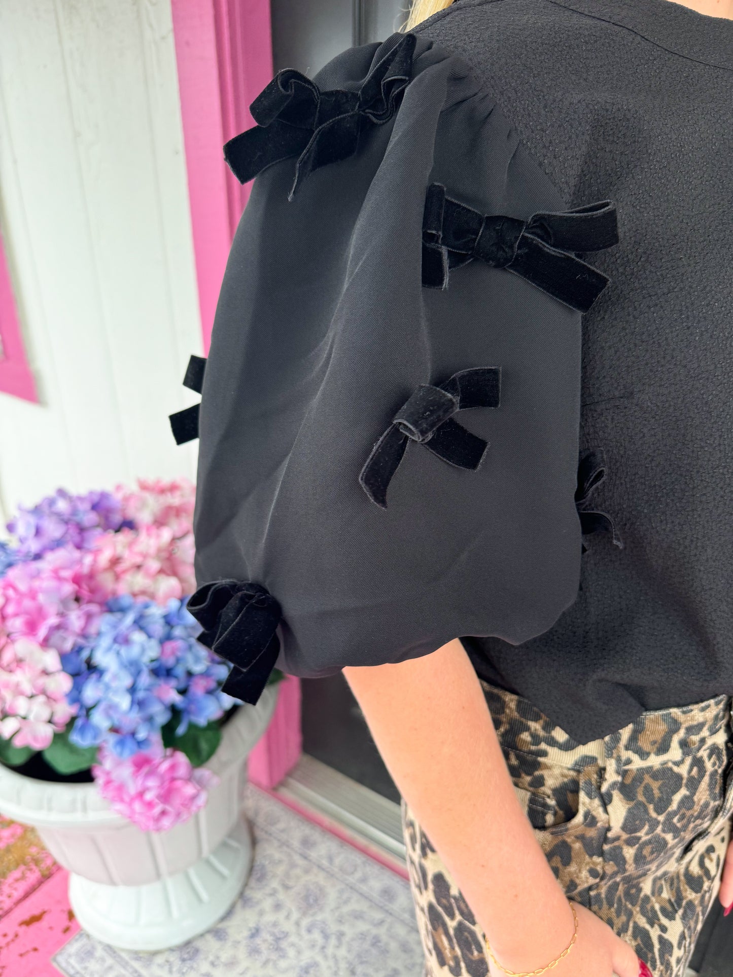 Black Puff Velvet Bow Top