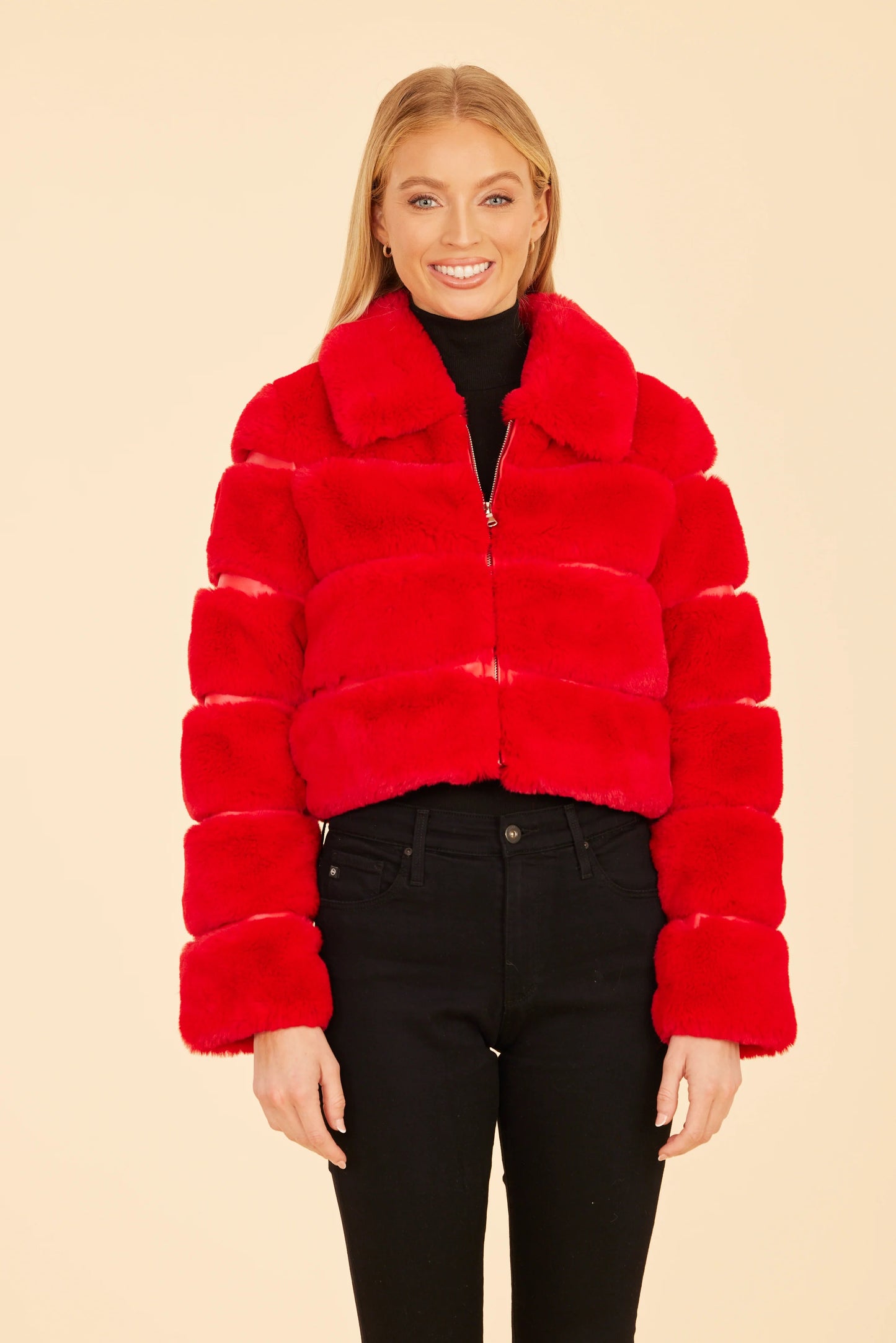 Red Paneled Faux Fur Jacket