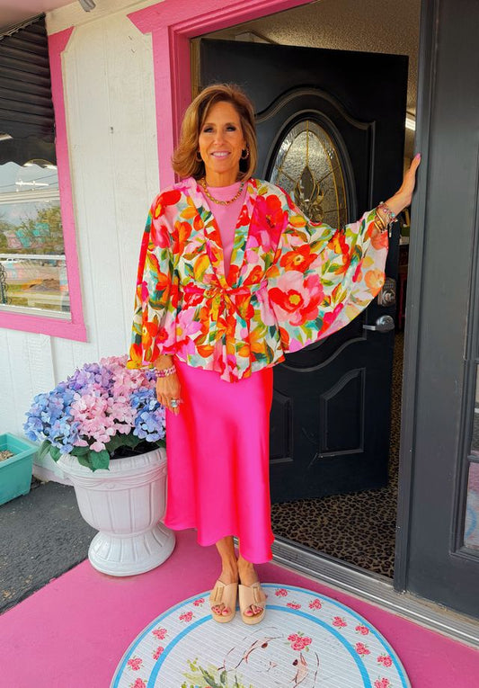 Ivory Multi Floral Tie Kimono