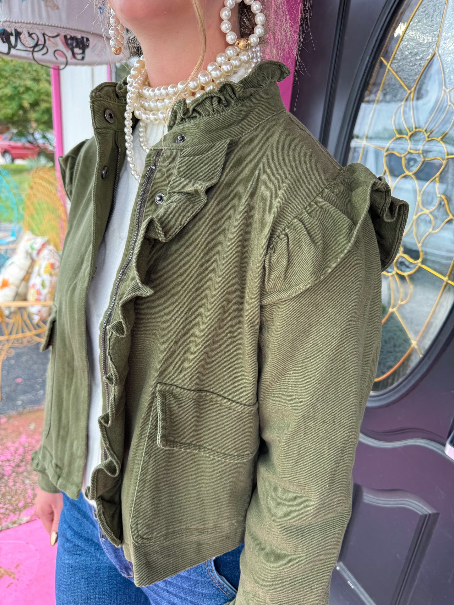 Olive Ruffle L/S Zip Jacket