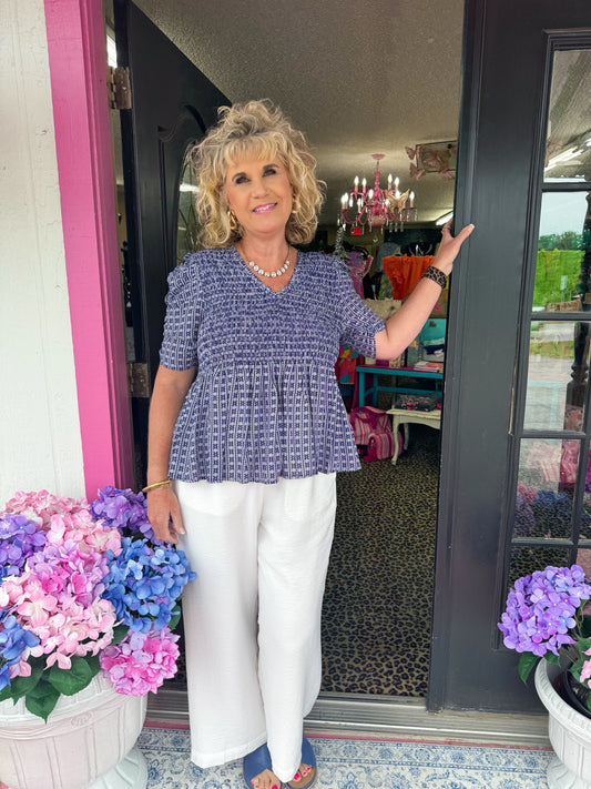 Smocked Navy Printed Top