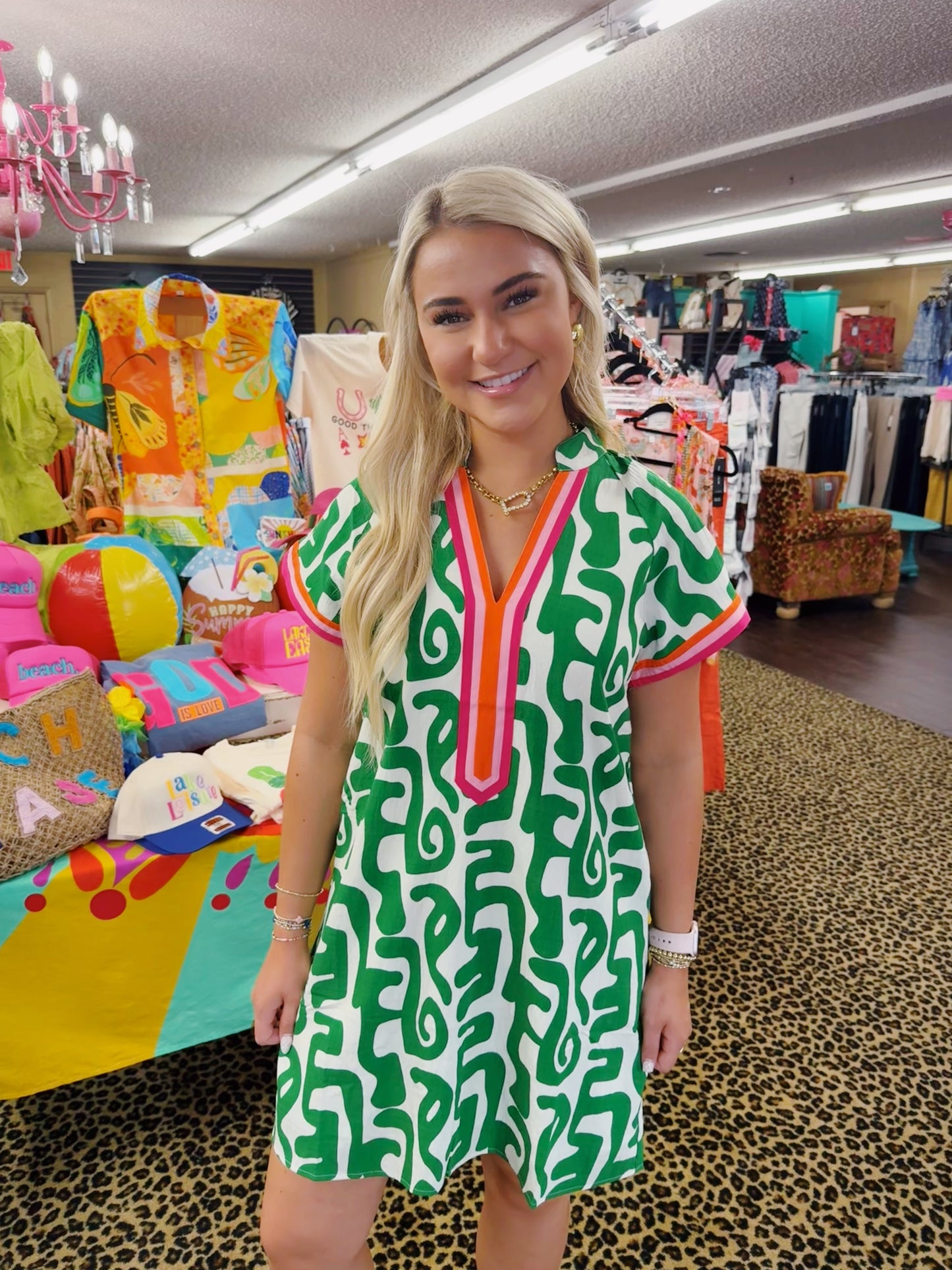 Green Print Pink Trim Dress