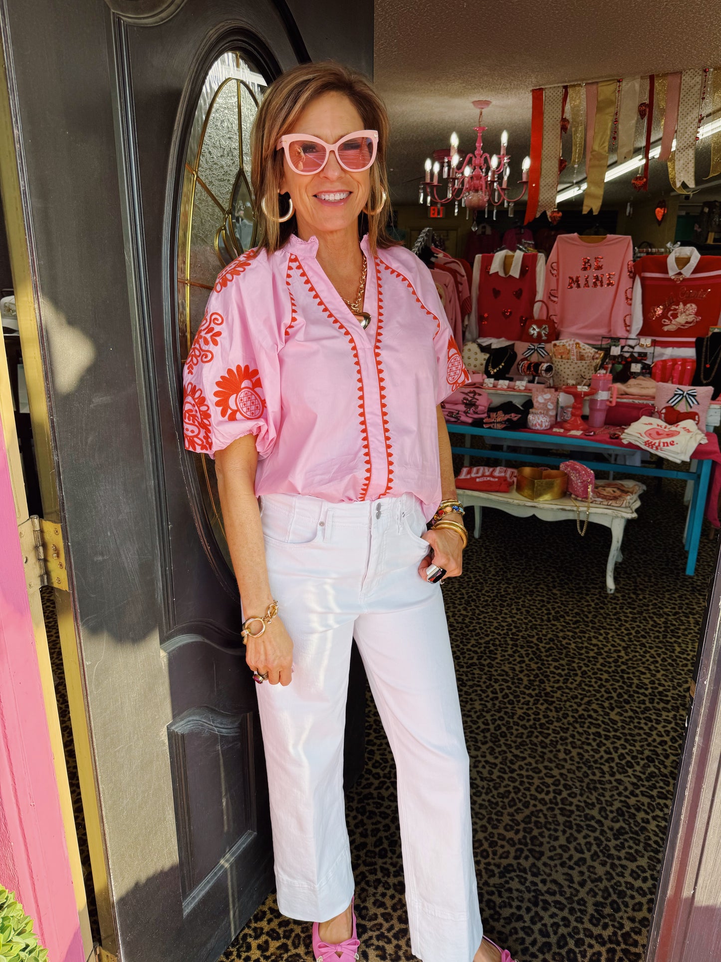 Pink Lace Collar V-Neck Emb Top