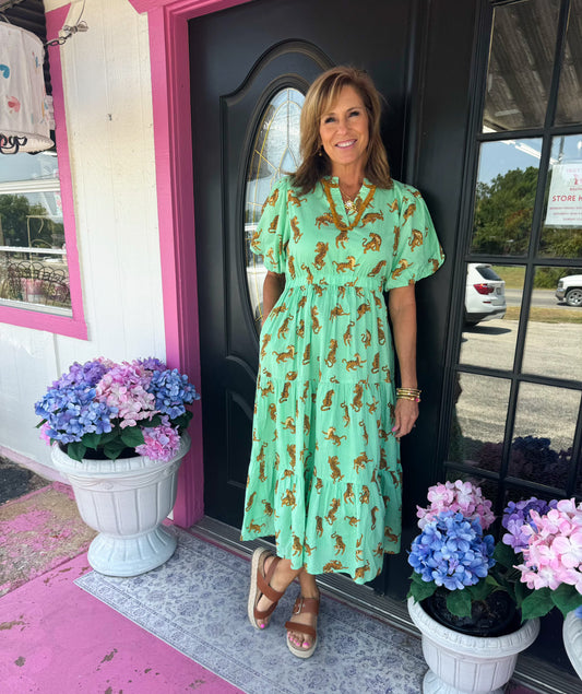 Mint Puff Sleeve Tiger Dress