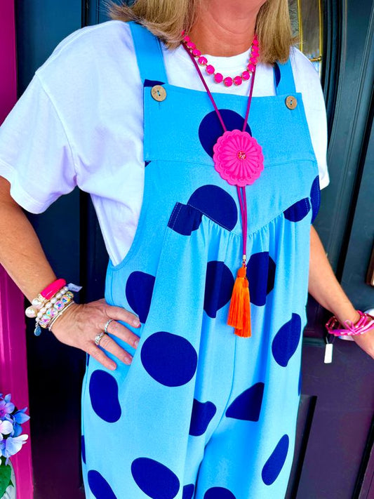Blue Polka Dot Wide Leg Overalls