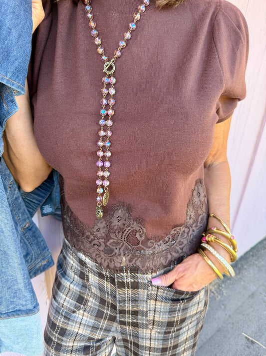 Brown Sweater Vest W/Lace Trim