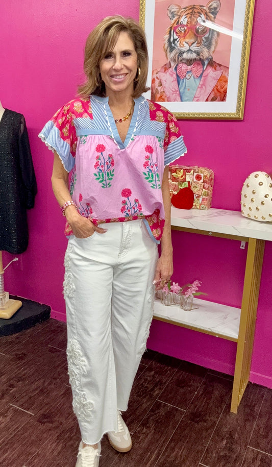 Pink Blue Stripe Patchwork Top