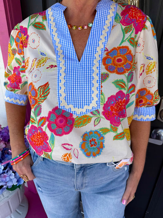 Blue Trim SS Floral V-neck Top