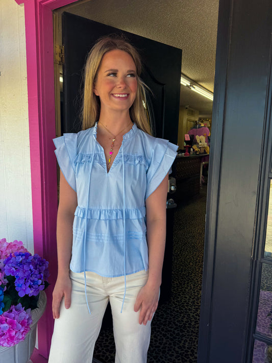 Blue Ruffle Woven Top