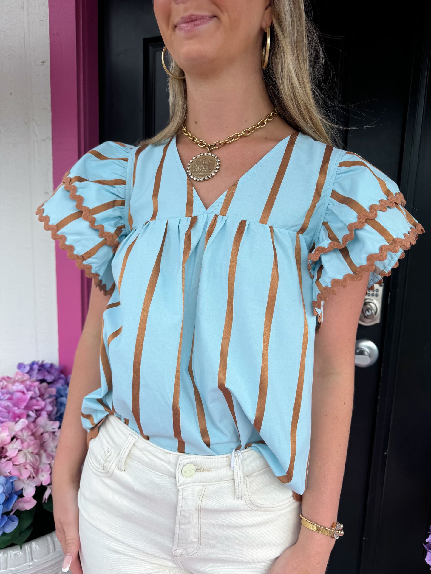 Blue/Rust Rick Rack Ruffle Top