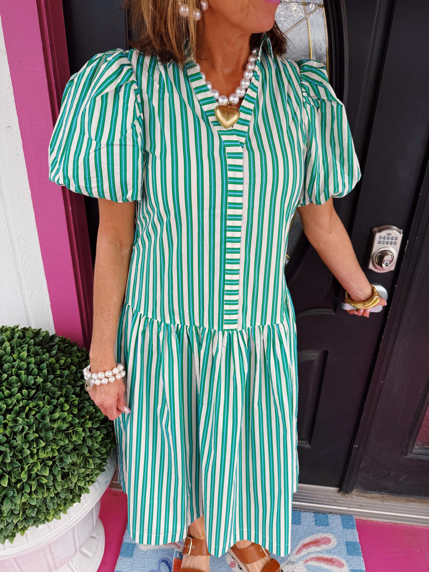 Green/White Stripe Midi Dress