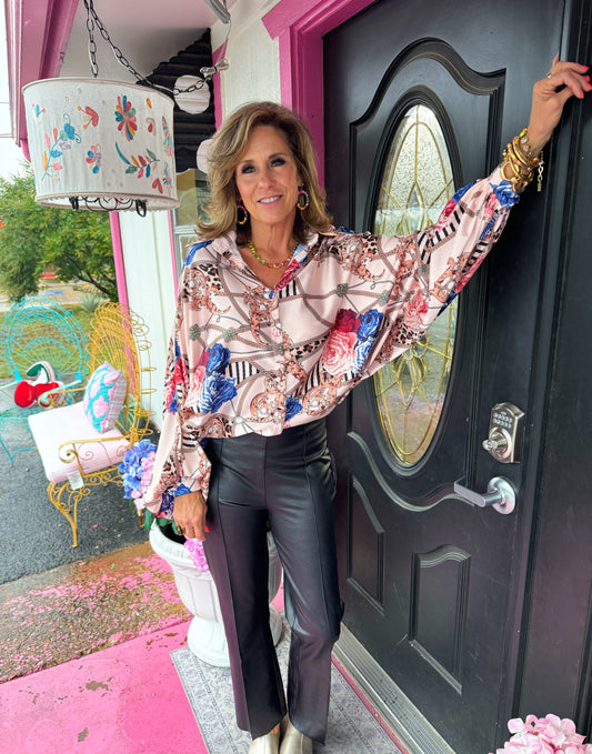 Pink Chain Button Up Silk Blouse - OS