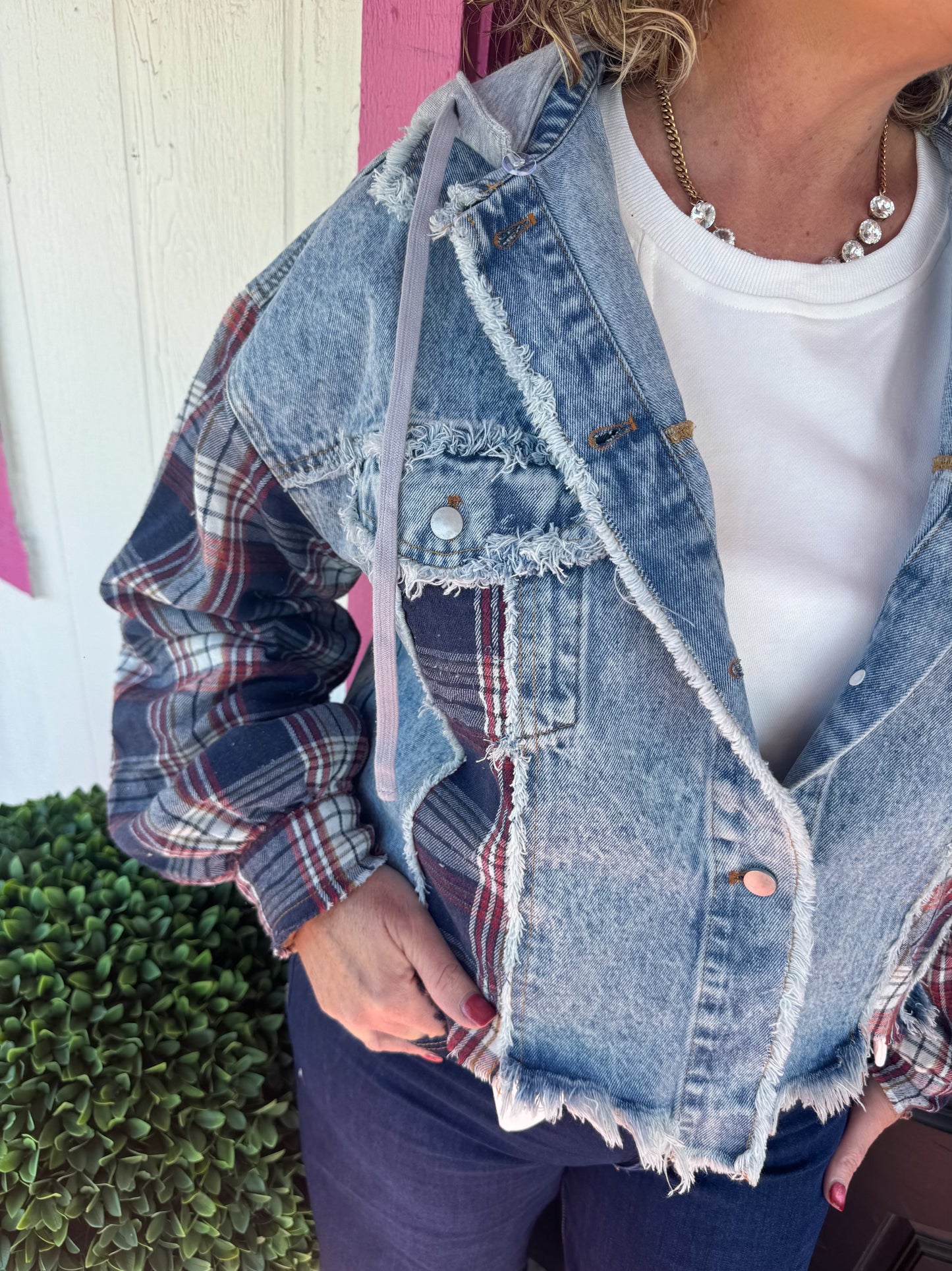 Navy Plaid Hood Denim Jacket