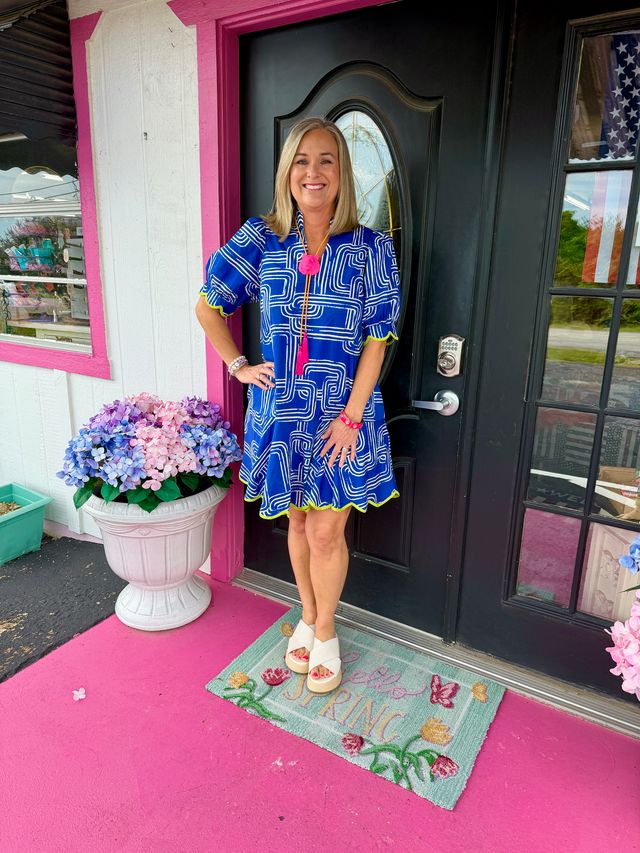 Blue SS Mini Dress w/Green Trim