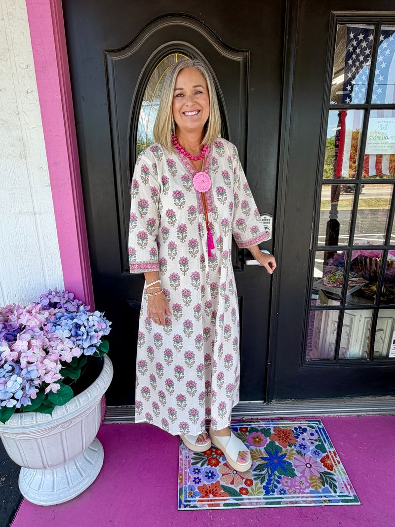 Ivory & Pink Floral Caftan