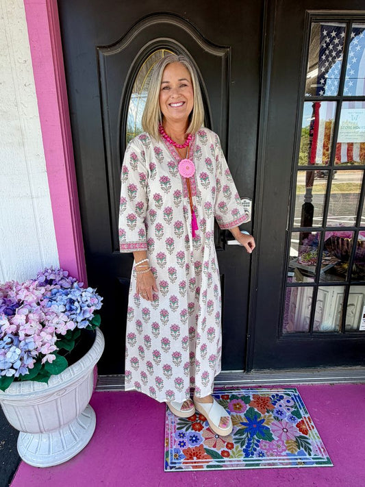 Ivory & Pink Floral Caftan