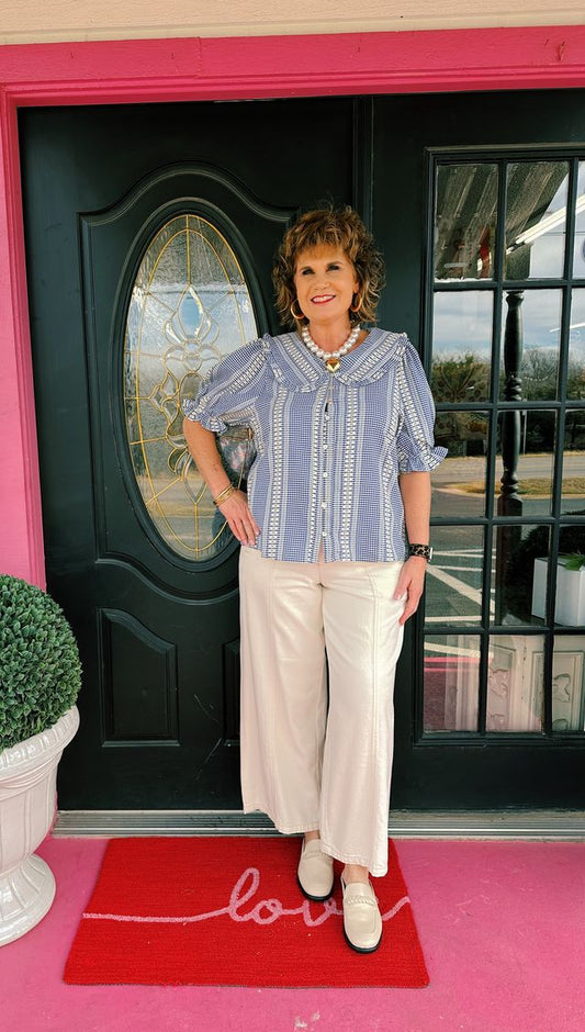 Blue Puff Sleeve Gingham Top