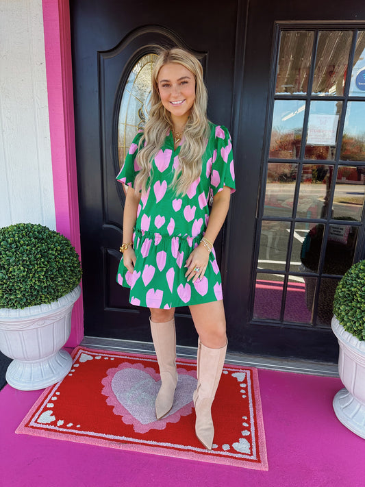 Green/Pink Heart Print Mini Dress