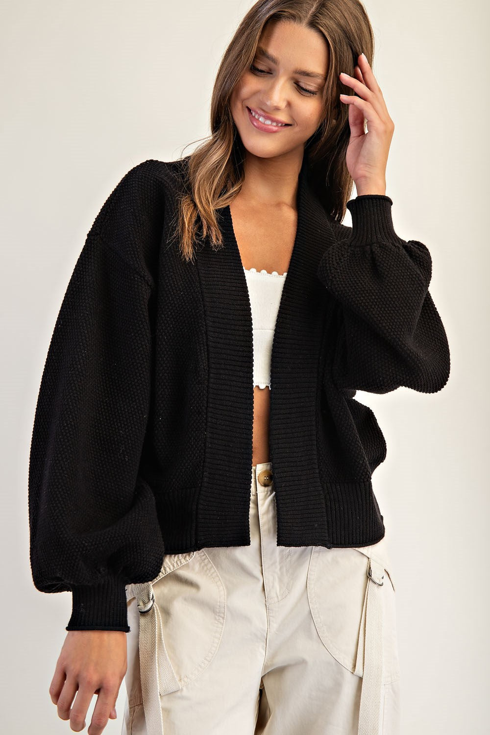 Black Crop Open Front Knit Cardigan