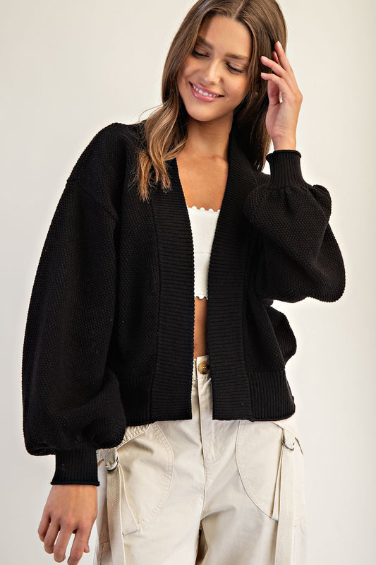 Black Crop Open Front Knit Cardigan