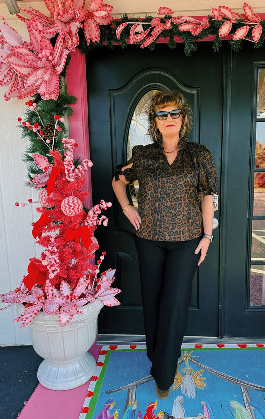 Brown Cheetah SS Tie Slv Top