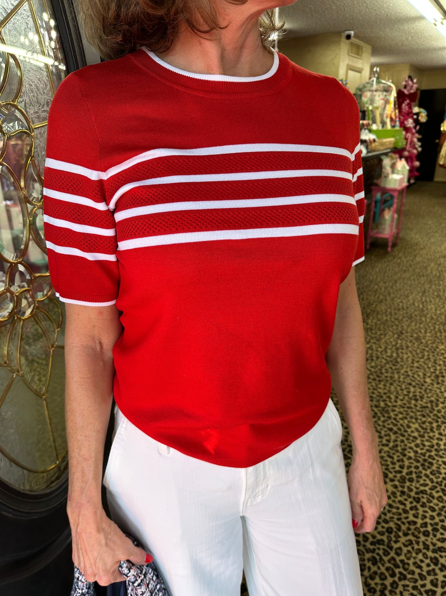 Red Stripe SS Crew Sweater