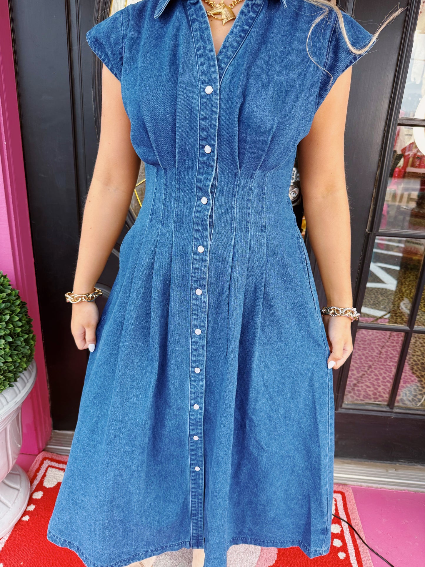 Denim Pearl Snap Midi Dress