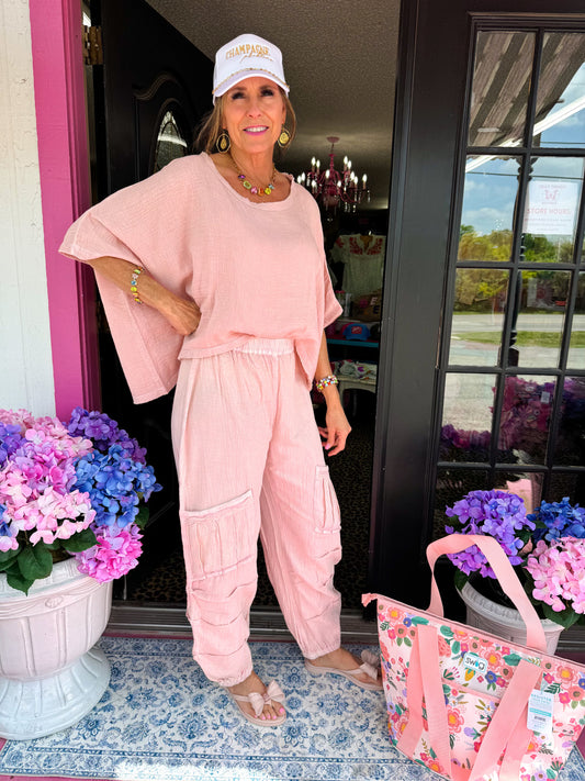 Pink Gauze Pant with Tucks