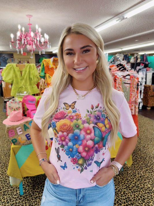 Pink Floral Butterfly Bling Tee