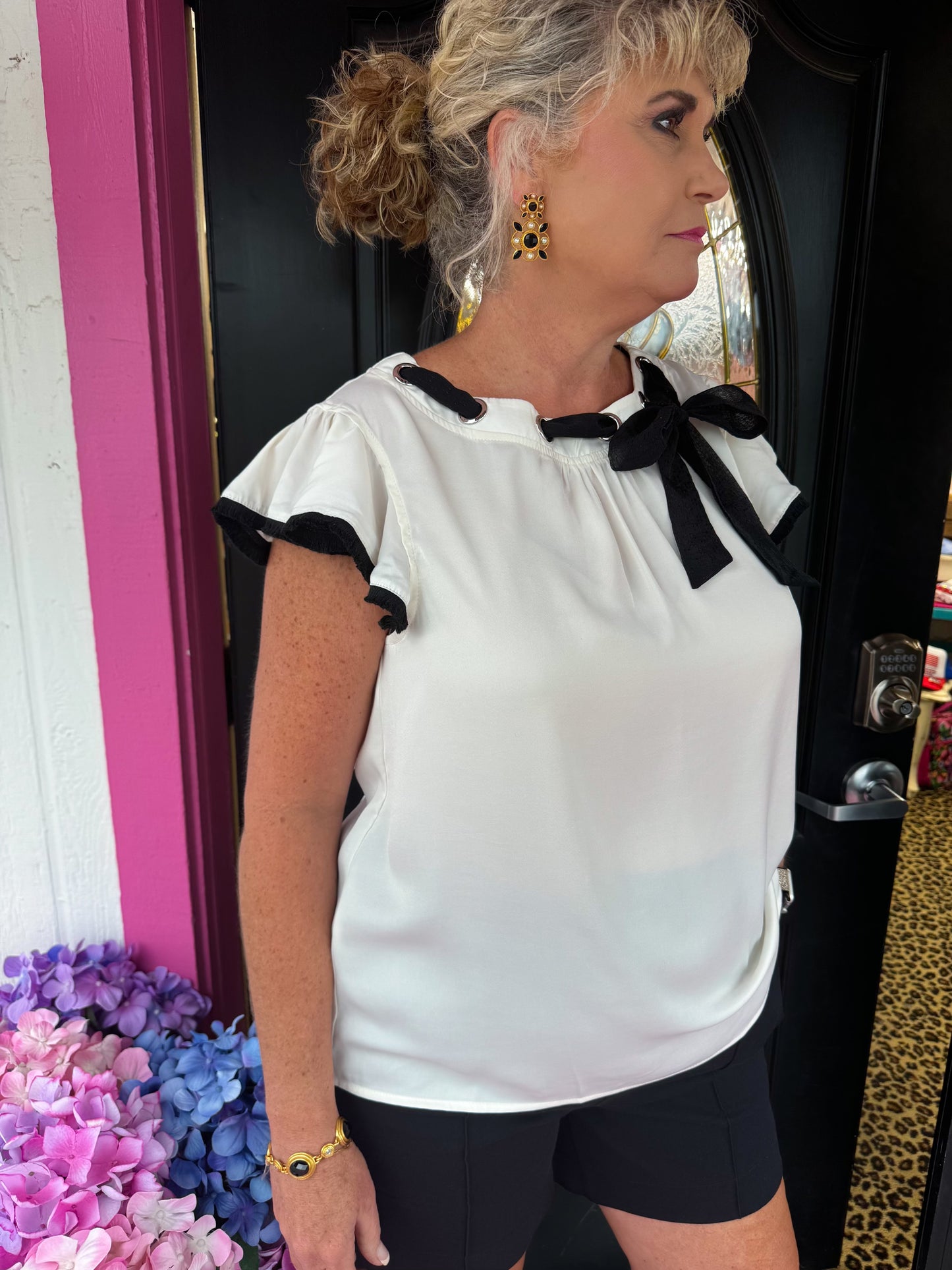 Ivory Ribbon Ruffle Accented Top