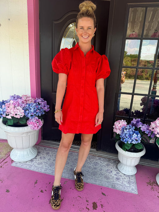 Red Puff Button Suede Dress