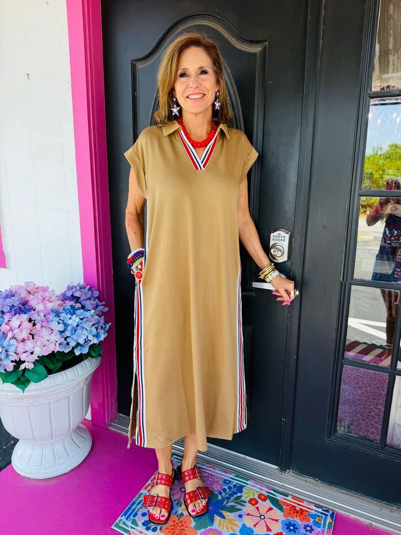 Taupe Scuba Dress W/RWB Trim