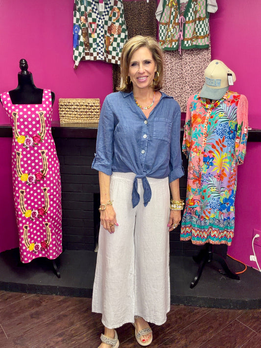 Denim Linen Tie Front Blouse