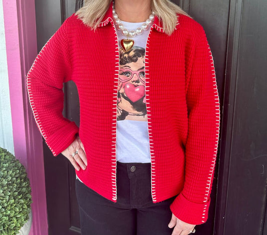 Red Ribbed Knitted Cardigan