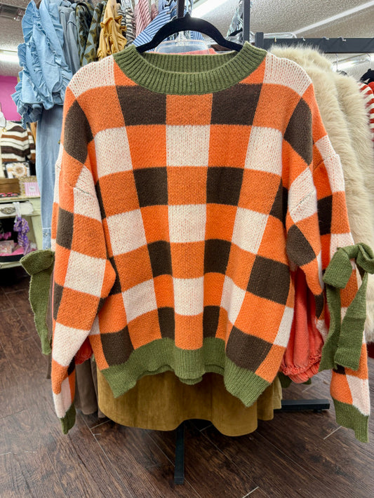 Harvest Plaid Sweater w/Bows