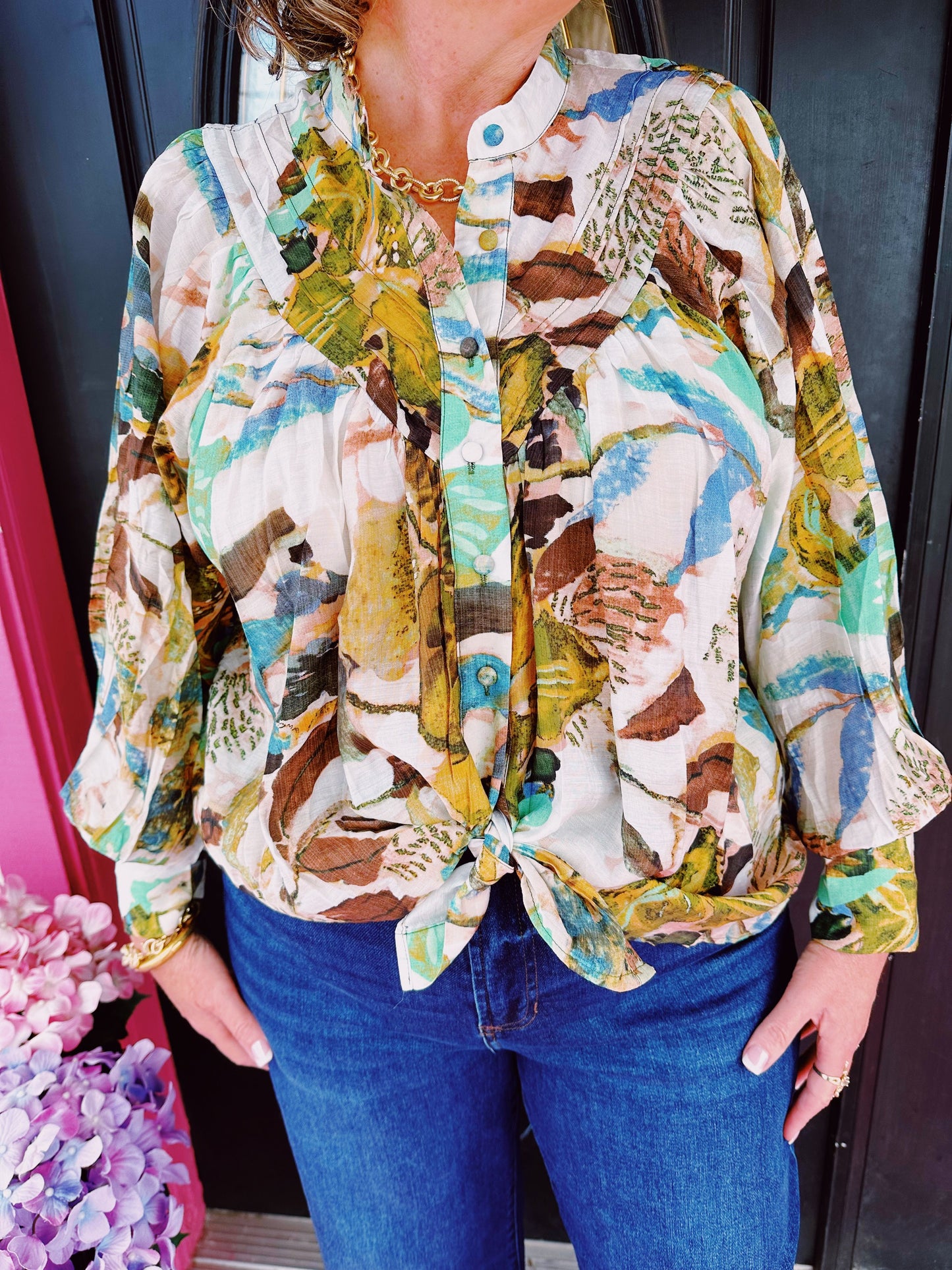 Ocean Mist Abstract Floral Blouse
