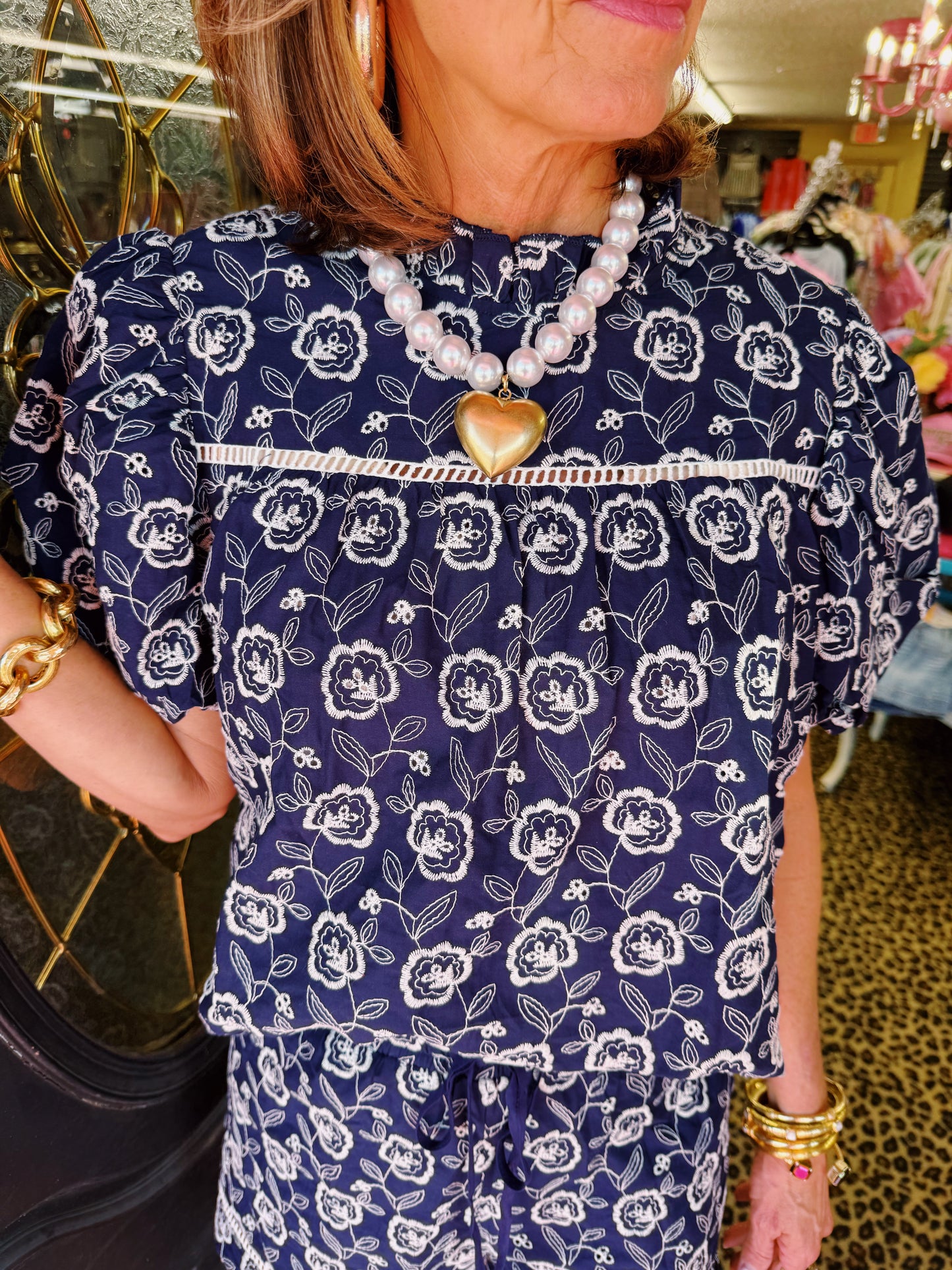 Navy Floral Embroidered Short Set