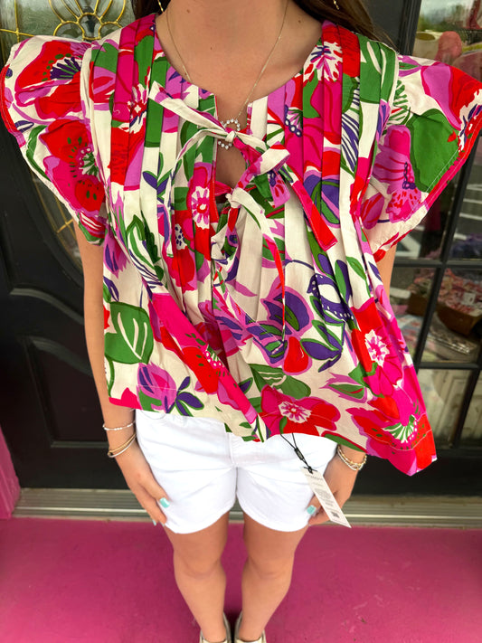 Pink Floral Pleated Bow Tie Top