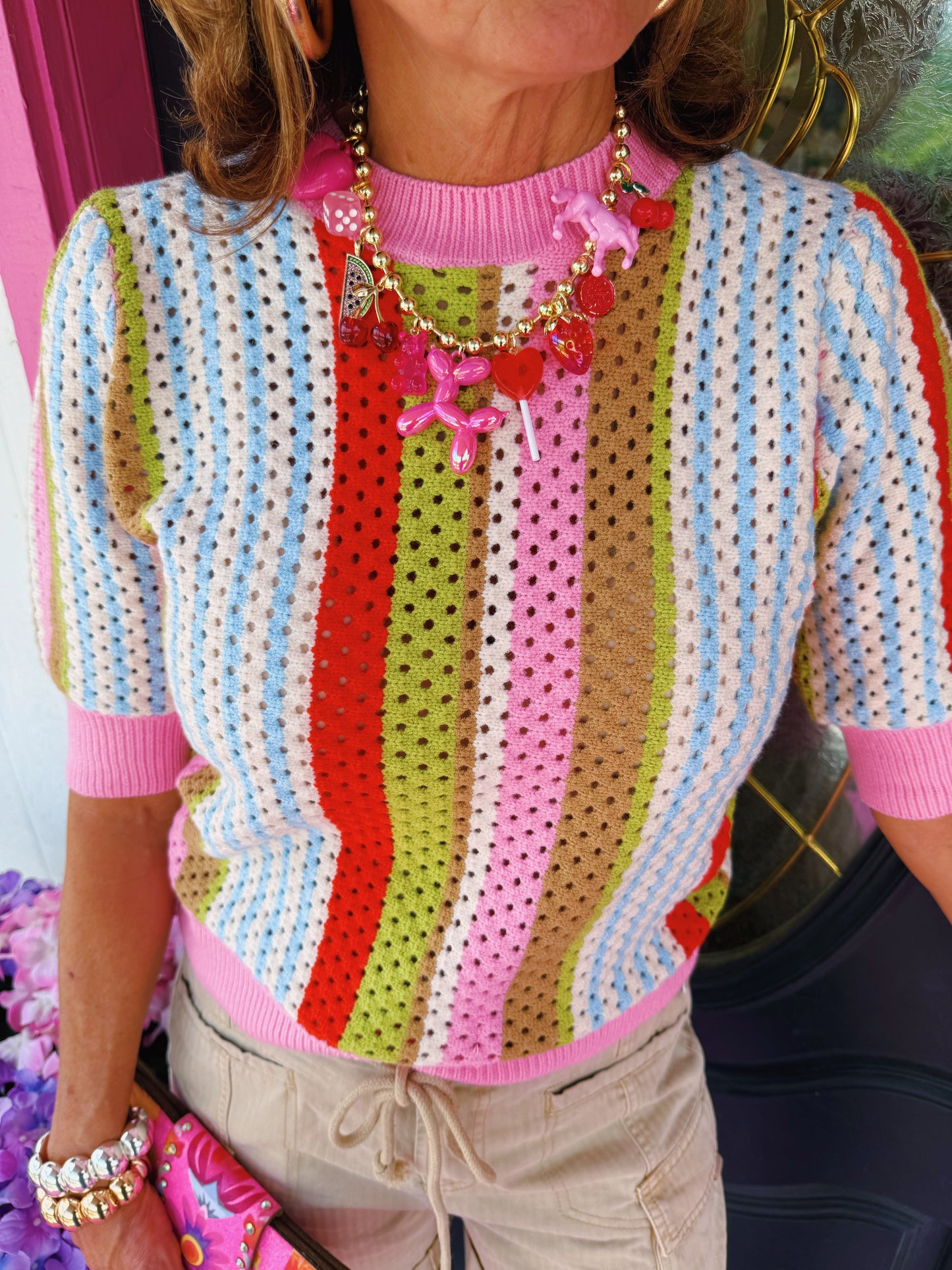Pink Trim Multi Stripe Sweater