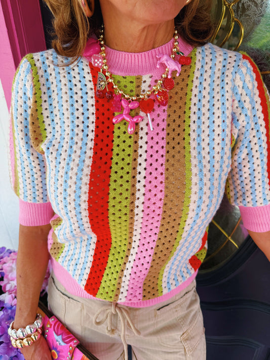 Pink Trim Multi Stripe Sweater