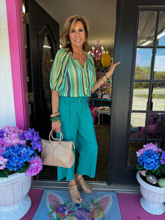 Teal Stripe Button Top