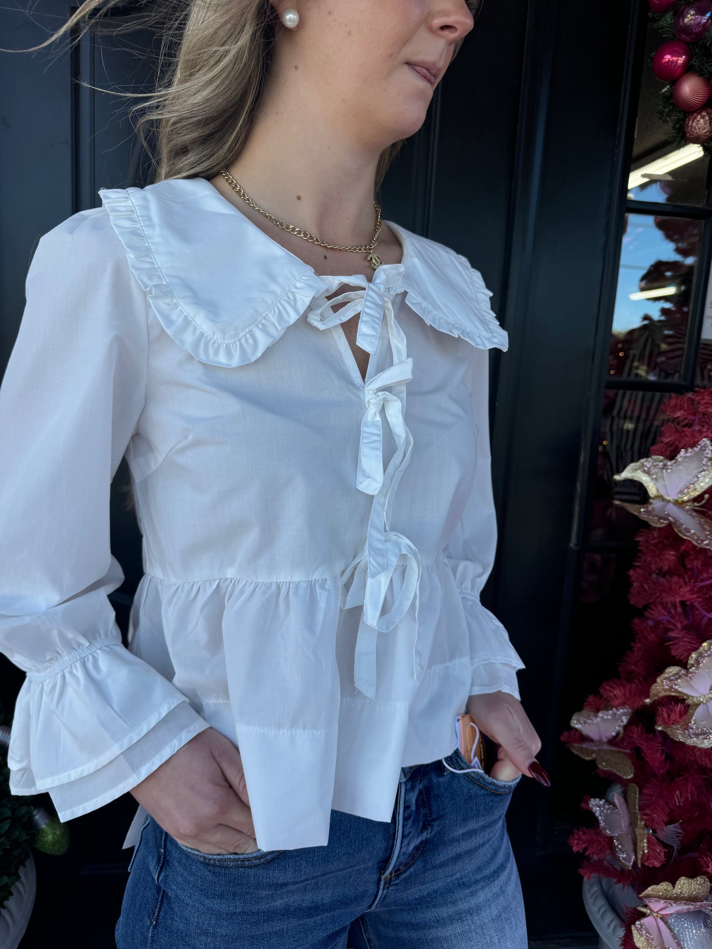 White LS Bow Detail Top