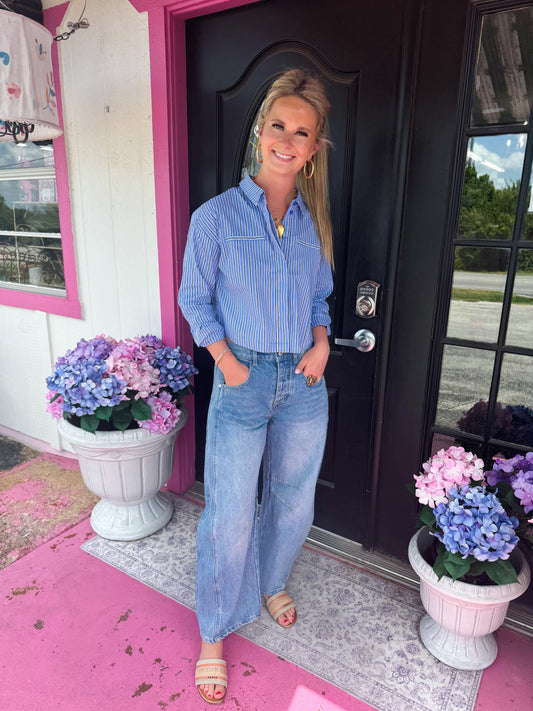 Arianna Crop Blue Lines Shirt