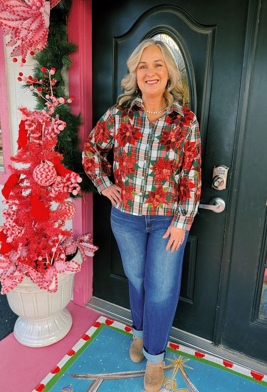 Plaid Poinsettia Button Up Top