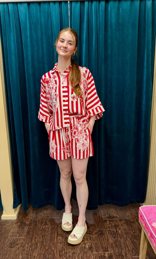Red SS Floral & Shorts Set