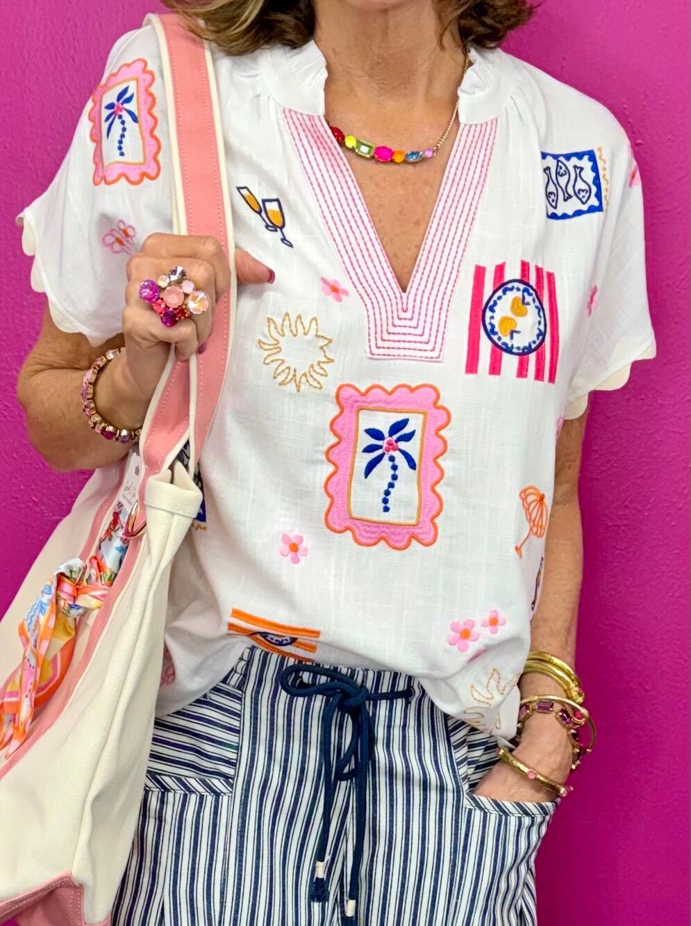 White Pink Embroidery SS Top