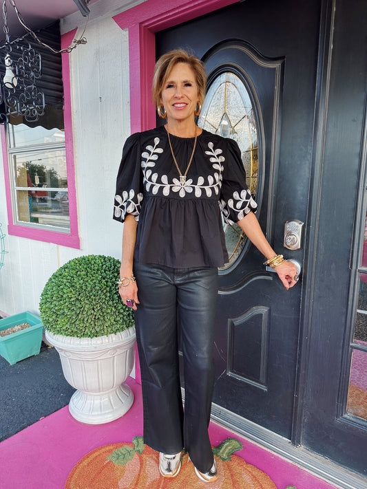 Paget Black White Emb Top